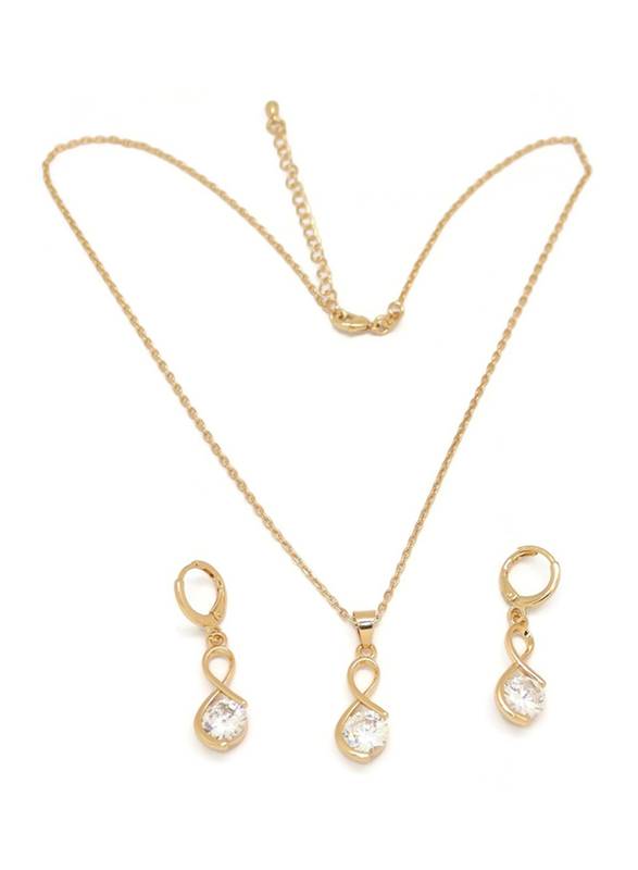 Florence Collection 2-Pieces Gold Plated Copper Infinity Necklace and Earrings Jewelry Set for Women, with Cubic Zirconia Stone, White/Gold