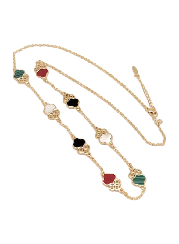 Florence Collection Gold Plated Copper Twin Trefoil Chain Necklace for Women, with Ruby and Emerald Stones, Multicolor