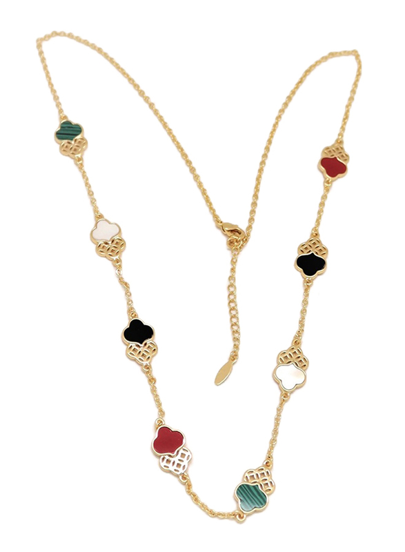 Florence Collection Gold Plated Copper Twin Trefoil Chain Necklace for Women, with Ruby and Emerald Stones, Multicolor