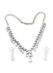 Florence Collection 2-Piece Silver Plated Teardrop Crystal Necklace and Earrings Jewellery Set for Women, with Cubic Zirconia Stone, White/Silver