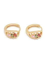 Florence Collection Gold Plated Copper Three Ellipse Shape Crystal Huggie Clip Earrings for Women, with Multi Stones, Red/Pink/Green/Gold
