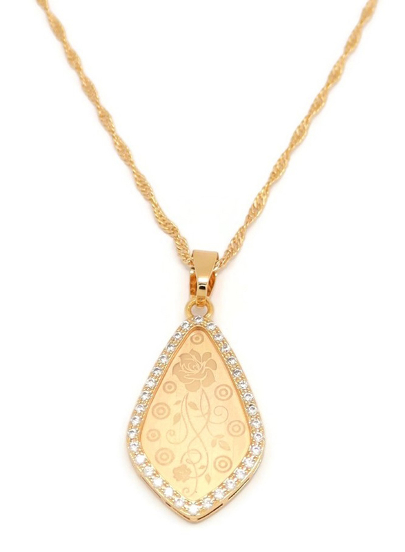 Florence Collection Gold Plated Copper Necklace for Women, with Cubic Zirconia Stone and Floral Pointed Teardrop Pendant, White/Gold