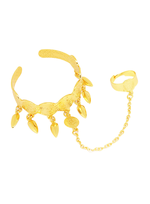 Florence Collection 18k Gold Plating Cuff Bracelet for Girls with Dangling Leaf Charms and Ring Attached, Gold