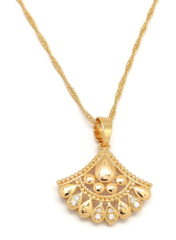 Florence Collection Gold Plated Copper Necklace for Women, with Cubic Zirconia Stone and Fan Shape Pendant, White/Gold