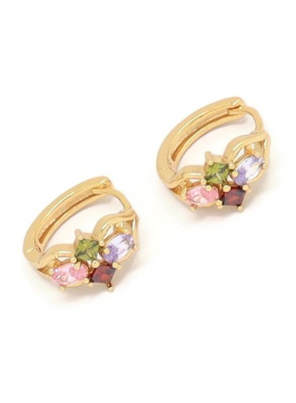 Florence Collection Gold Plated Copper Oval & Diamond Shape Huggie Clip Earrings, with Multi Stones, Green/Pink/Red/Gold