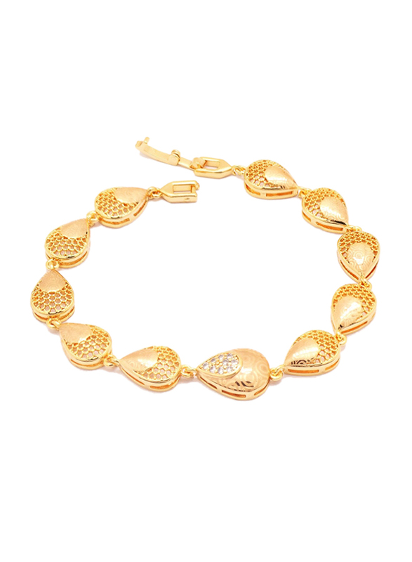Florence Collection 18K Gold Link Bracelet for Women with Cubic White Stone Engravings Lobster Clasp and Water Droplet Design, Gold