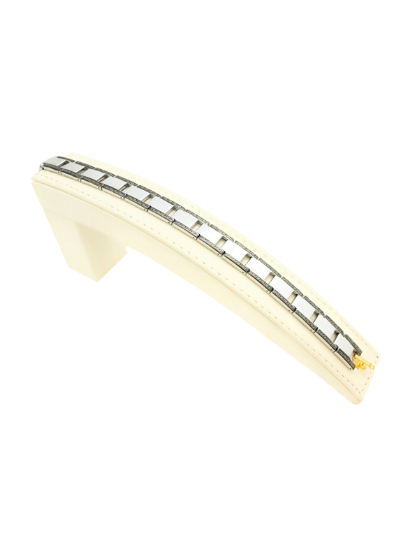 Florence Collection Stainless Steel Bracelet for Men with Fold Over Clasp & Black Embroidery, Silver