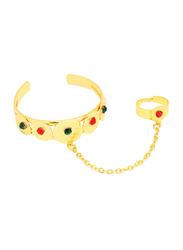Florence Collection 18k Gold Plating Coin Shaped Cuff Bracelet for Girls with Gemstone Engravings and Ring attached, Gold