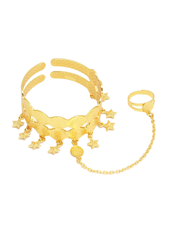 Florence Collection 18k Gold Plating Cuff Bracelet for Women with Star Shaped Charms and Ring Attached, Gold