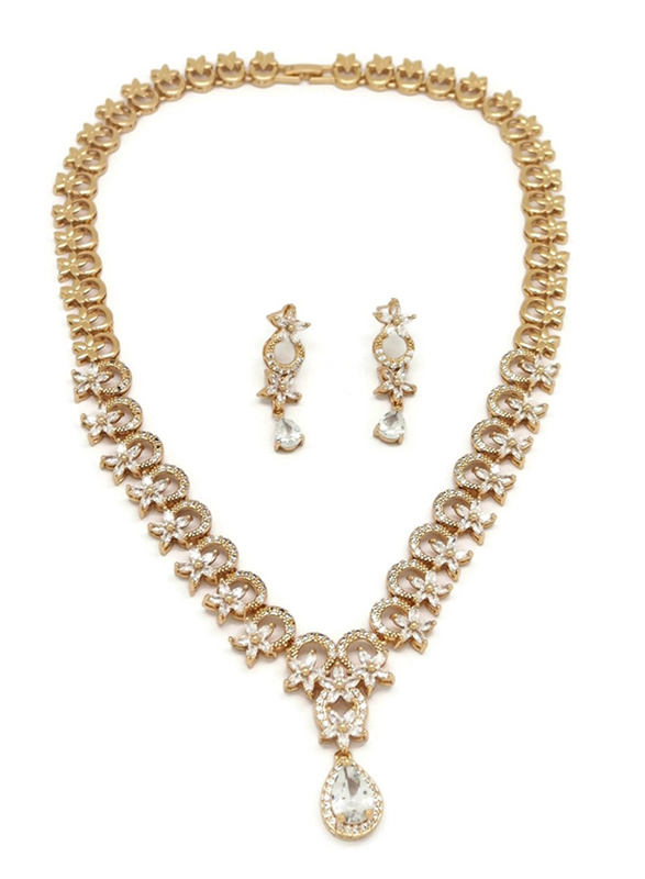Florence Collection 2-Piece Gold Plated Flower Drop Crystal Necklace and Earrings Jewellery Set for Women, with Cubic Zirconia Stone, White/Gold