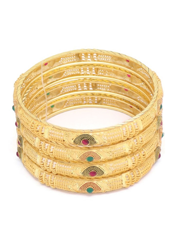 Florence Collection 4-Pieces Gold Plated Copper Evil-Eye Protection Bangle Bracelet for Women, with Emerald, Ruby Crystals Stone, Red/Green/Gold
