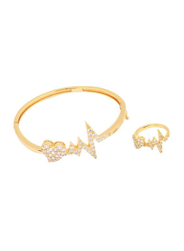 Florence Collection 2-Piece 18K Gold Bracelet and Ring Set for Women with Sparkly White Cubic Stones and Lovely Heart Design, Gold