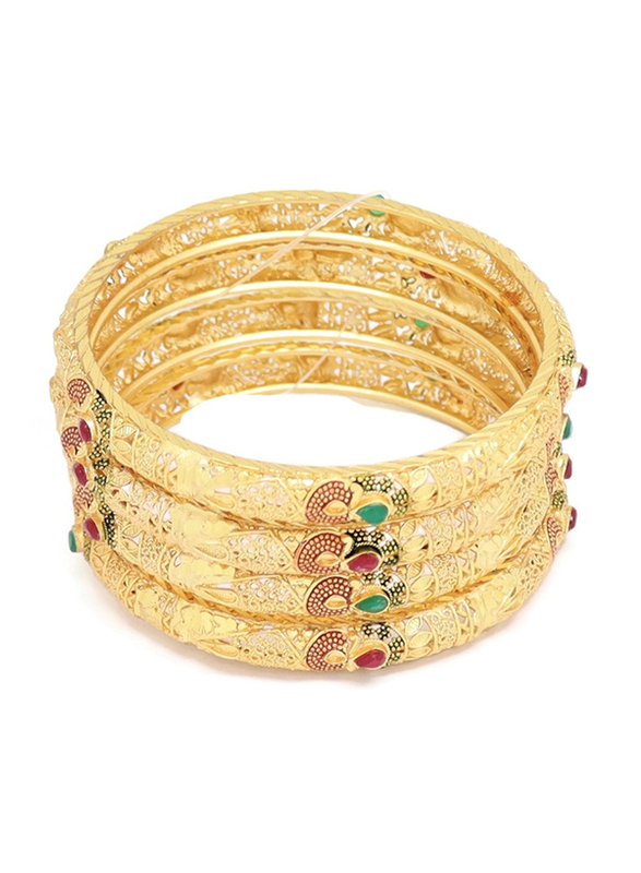 Florence Collection 4-Pieces Gold Plated Copper Infinity Teardrop Bangle Bracelet for Women, with Emerald, Ruby Crystals Stone, Red/Gold