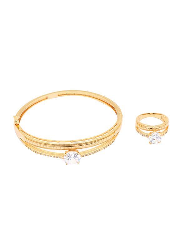 Florence Collection 2-Piece 18K Gold Latest Design Bracelet and Ring Set for Women with Sparkly White Cubic Stone, Gold