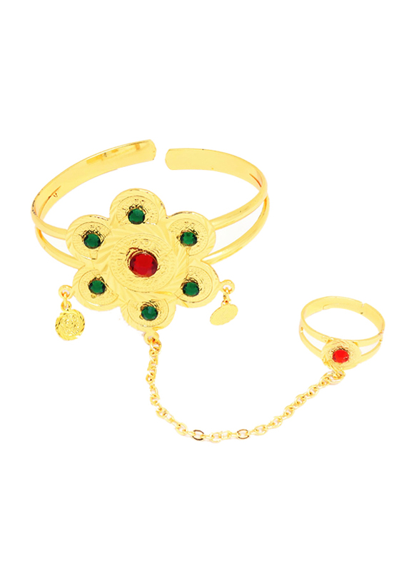 Florence Collection 18k Gold Plating Cuff Bracelet for Women with Multi-Color Stone Engravings and Seminal Star Charm Coin Shaped Jhumkas with Ring Attached, Gold