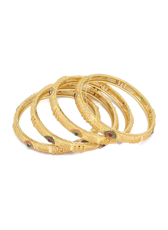 Florence Collection 4-Pieces Gold Plated Copper Evil-Eye Protection Bangle Bracelet for Women, with Emerald, Ruby Crystals Stone, Red/Green/Gold
