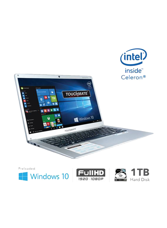 Touchmate Notebook Laptop, 14-inch Full-HD Display, Intel Celeron 2.40 GHz, 1TB HDD + 64GB SSD, 4GB RAM, Windows 10, English Keyboard, TM-NB148TSH, Silver