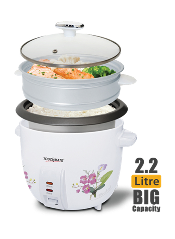 Touchmate 2.2L 2-in-1 Rice Cooker & Steamer, 900W, TM-RC102, White