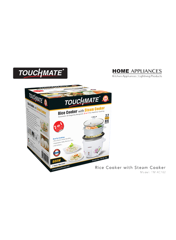 Touchmate 2.2L 2-in-1 Rice Cooker & Steamer, 900W, TM-RC102, White