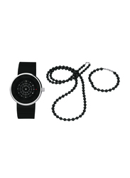 Generic Rotating Disk Analog Watch for Men, with Silicone Band, Water Resistant with Beads Necklace and Bracelet, Black
