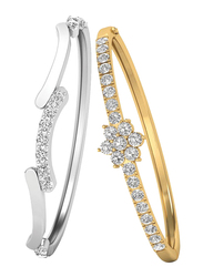 2-Piece Brass Bangles Set for Women, with Cubic Zirconia Stones, Gold/Silver