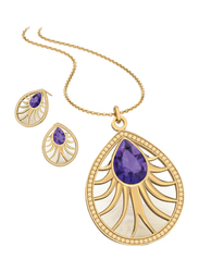 2-Piece 18K Gold Plated Brass Tear Drop Pendant Jewellery Set for Women, with Necklace and Earring, with Cubic Zirconia Stones, Gold/Violet