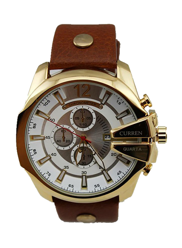 Curren Analog Watch for Men with Leather Band, Water Resistant, 8176, Brown-White