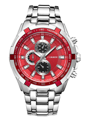 Curren Analog Watch for Men with Stainless Steel Band, Water Resistant, SW0104, Silver-Red