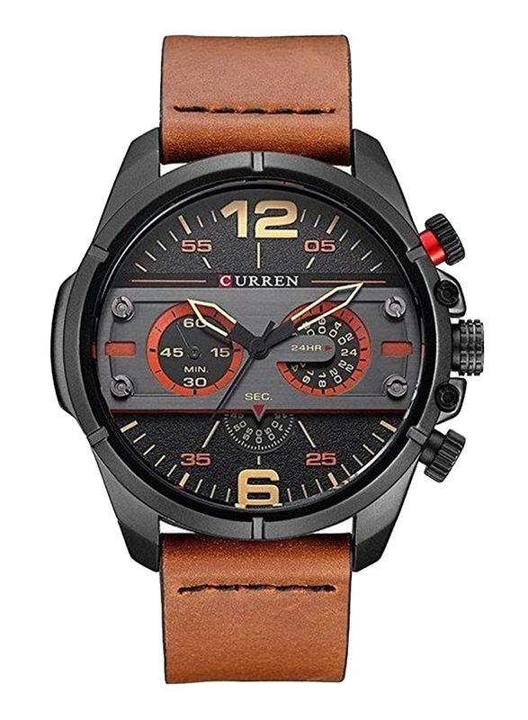 Curren Sports Analog Watch for Men with Leather Band, Water Resistant, 8259, Brown-Grey