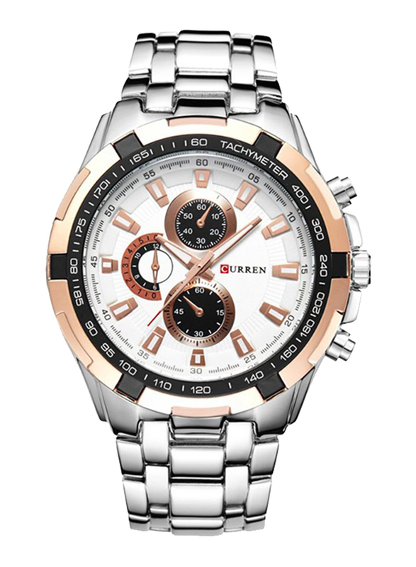 Curren Casual Analog Watch for Men with Stainless Steel Band, Water Resistant, SW0102, Silver-White
