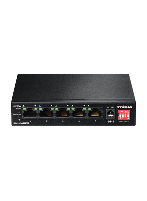 Edimax 5-Port Fast Ethernet Switch With 4 PoE/Ports and Dip Switch, ES-5104PHV2, Black