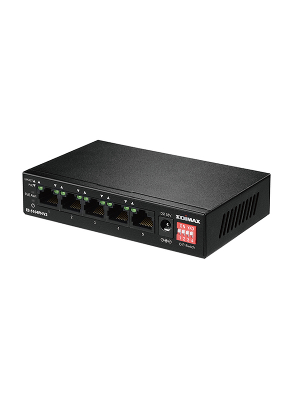Edimax 5-Port Fast Ethernet Switch With 4 PoE/Ports and Dip Switch, ES-5104PHV2, Black