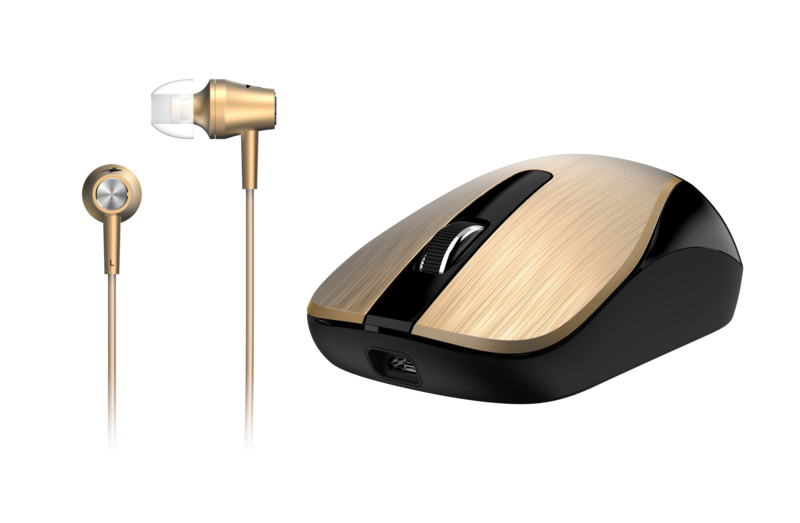 Genius MH-8015 Mouse & Headset Combo, Smart Eco Mobility Hairline Luxury Metallic Rechargeble and High Quality Headset With Smart Genius App, Gold