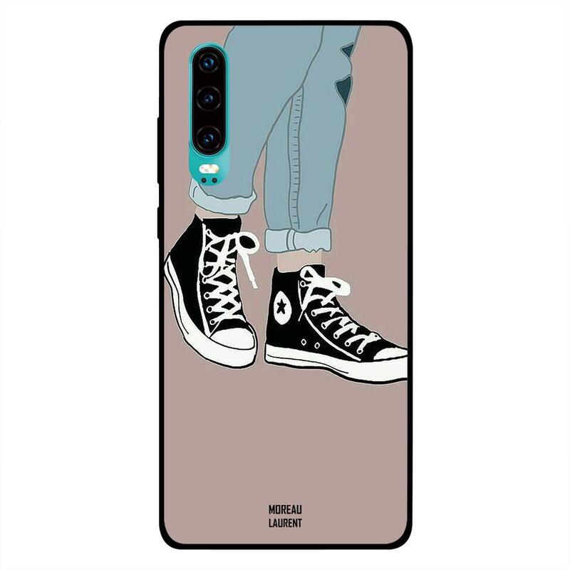 

Moreau Laurent Huawei P30 Mobile Phone Back Cover, Black and White Shoes with Flowers