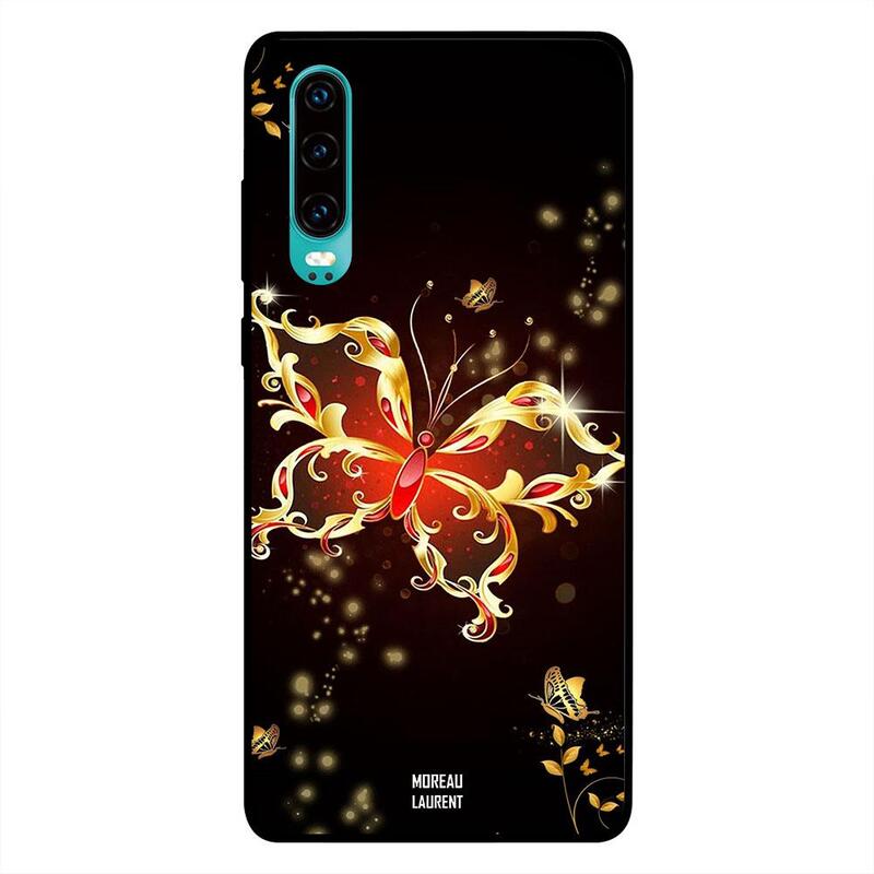 

Moreau Laurent Huawei P30 Mobile Phone Back Cover, Golden And Red Butterfly