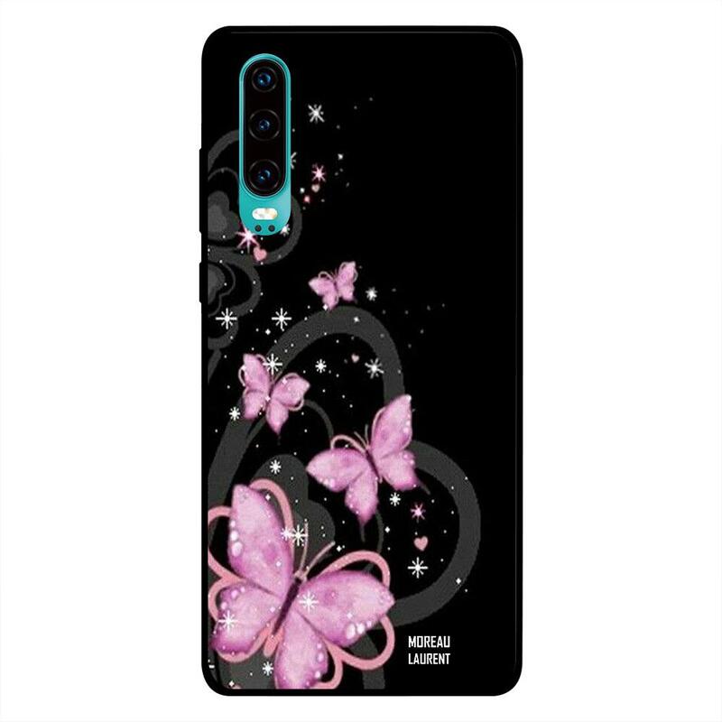 

Moreau Laurent Huawei P30 Mobile Phone Back Cover, Pink Butterfly Grey Hearts
