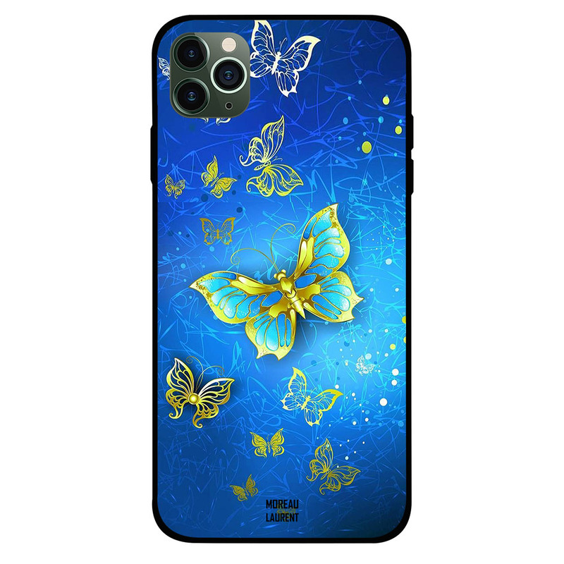 

Moreau Laurent Apple iPhone 11 Pro Max Mobile Phone Back Cover, Golden Border Blue Butterflies