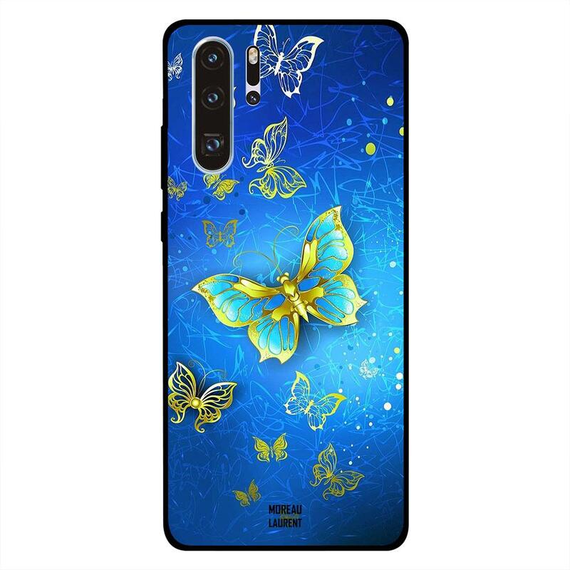 

Moreau Laurent Huawei P30 Pro Mobile Phone Back Cover, Golden Border Blue Butterflies