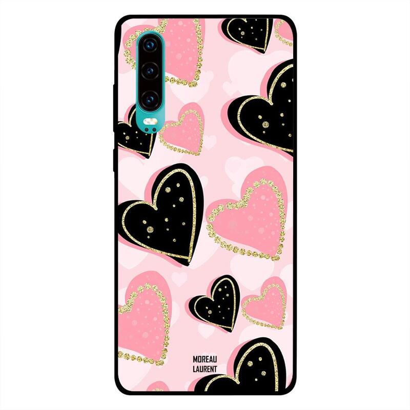 

Moreau Laurent Huawei P30 Mobile Phone Back Cover, Black and Pink Hearts