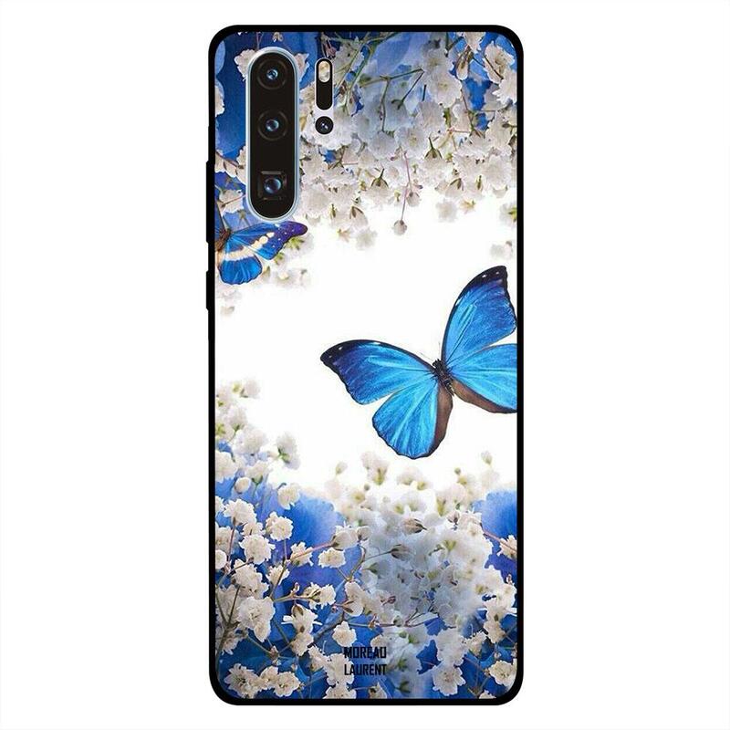 

Moreau Laurent Huawei P30 Pro Mobile Phone Back Cover, Blue Butterflies on White Roses