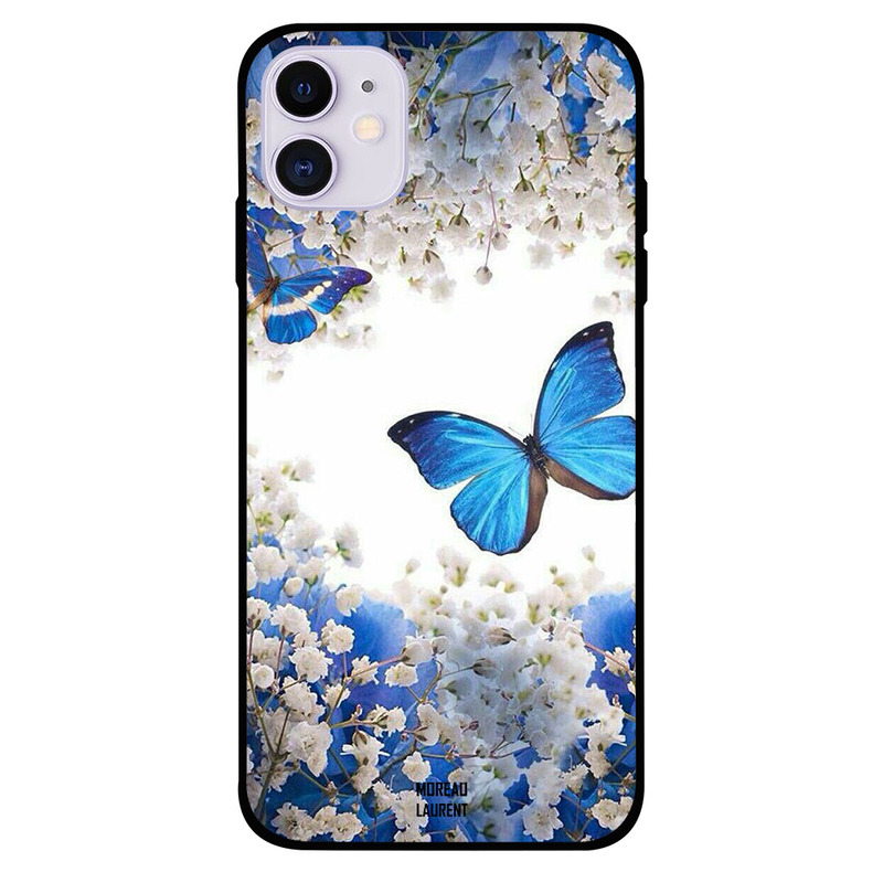 

Moreau Laurent Apple iPhone 11 Mobile Phone Back Cover, Blue Butterflies on White Roses