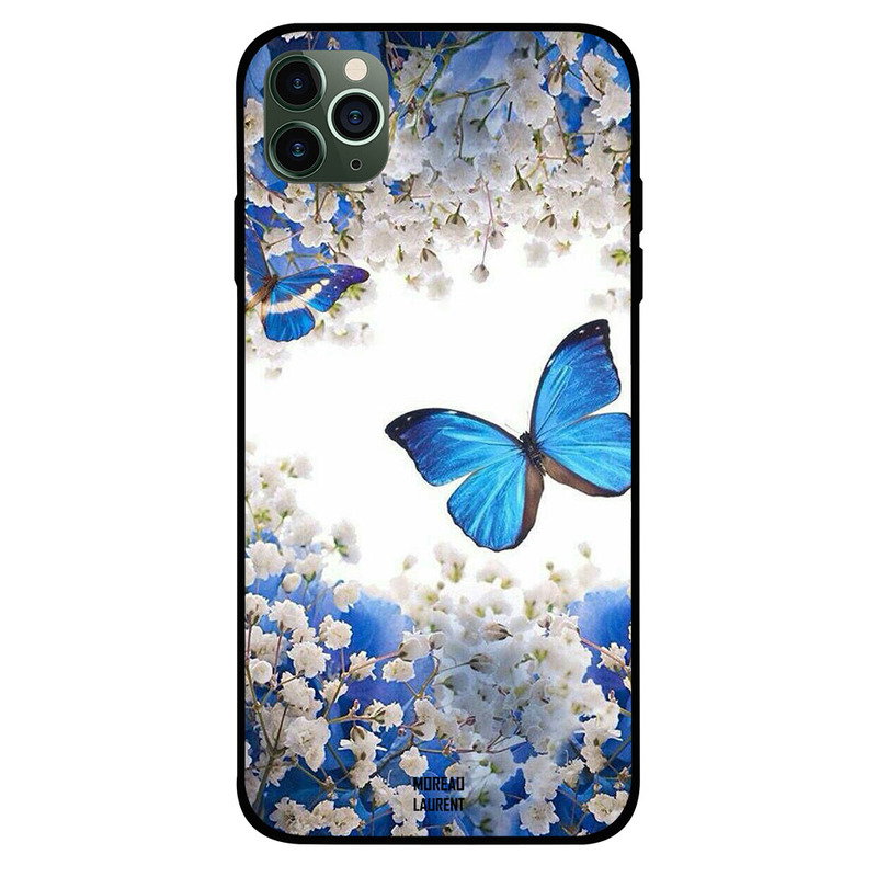 

Moreau Laurent Apple iPhone 11 Pro Max Mobile Phone Back Cover, Blue Butterflies on White Roses