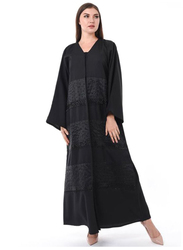 Moistreet Long Sleeve Exotic Abaya with Hand Embroidery and Patchwork, Medium, Black