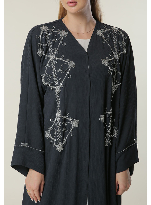 Moistreet Long Sleeve Silver Handwork Abaya, Extra Small, Navy