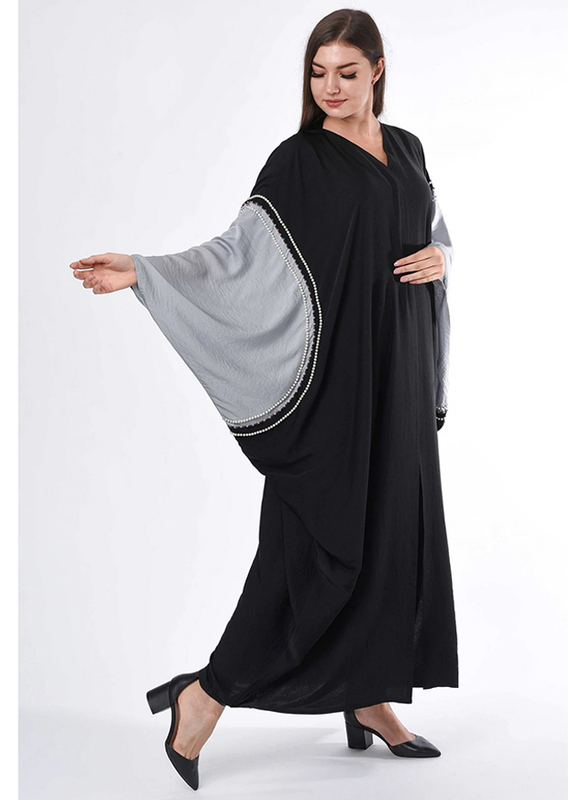 Moistreet Long Sleeve Bead Work on Hand Cape Abaya, Extra Small, Black/Grey