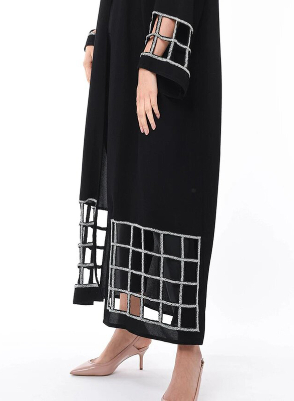 Moistreet Long Sleeve Hand Exotic Laser Cut Abaya with Hand Embroidery, Double Extra Large, Black/Silver