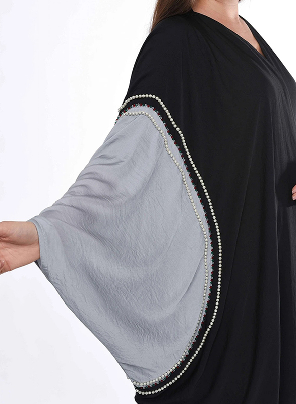 Moistreet Long Sleeve Bead Work on Hand Cape Abaya, Extra Small, Black/Grey