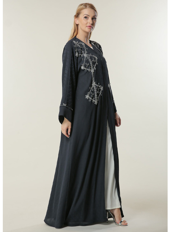 Moistreet Long Sleeve Silver Handwork Abaya, Extra Small, Navy