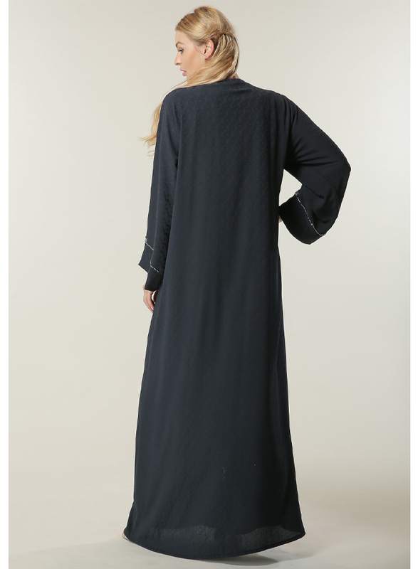 Moistreet Long Sleeve Silver Handwork Abaya, Extra Small, Navy
