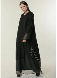 Moistreet Long Sleeve Hand Embroidered Motifs Abaya, Extra Large, Black